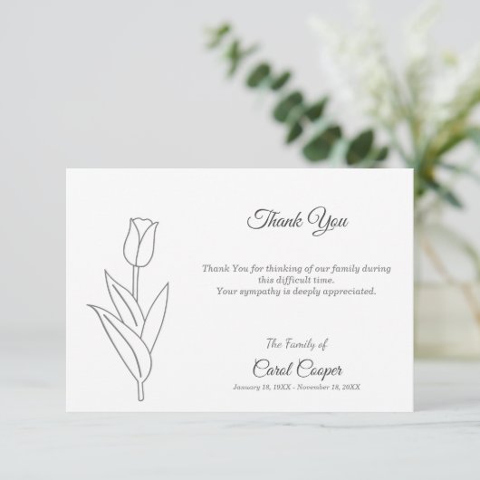 Tulip Line Art begrafenis dank u nota Kaart (Staand voorkant)