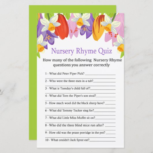 Tulip Nursery Rhyme Quiz baby shower game (Voorkant / Achterkant)