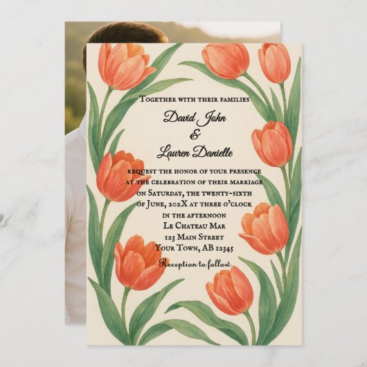 Tulip Paradise Photo Wedding Invitation Kaart (Voorkant / Achterkant)