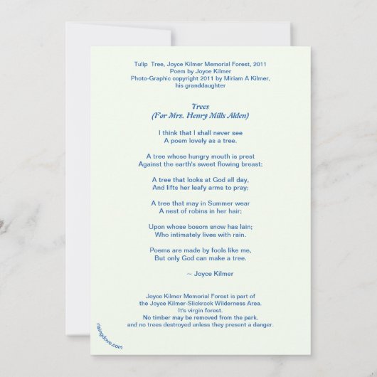 Tulip Poplar/Joyce Kilmer gedicht Trees Card Save The Date (Achterkant)