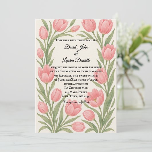 Tulip Treasure Photo Wedding Invitation Kaart (Staand voorkant)