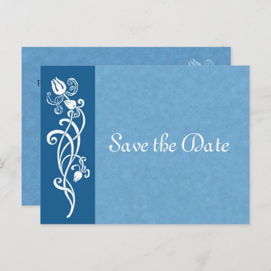 Tulip Vine op Blue Save the Date Briefkaart (Voorkant / Achterkant)