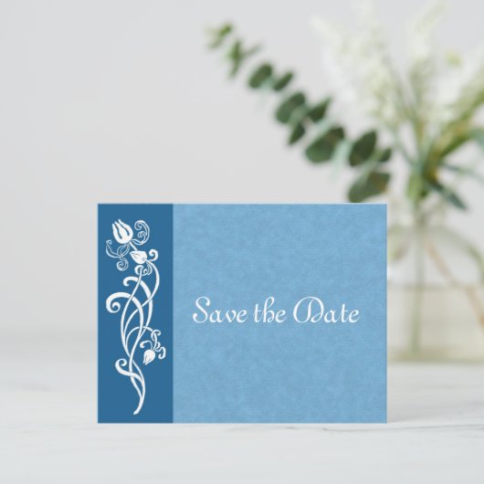 Tulip Vine op Blue Save the Date Briefkaart (Staand voorkant)