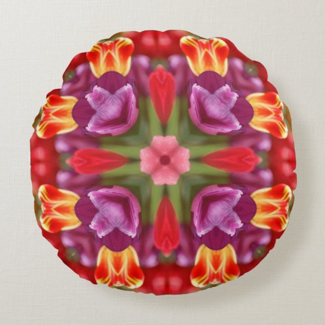 Tulips Kaleidoscope Rond Kussen (Voorkant)