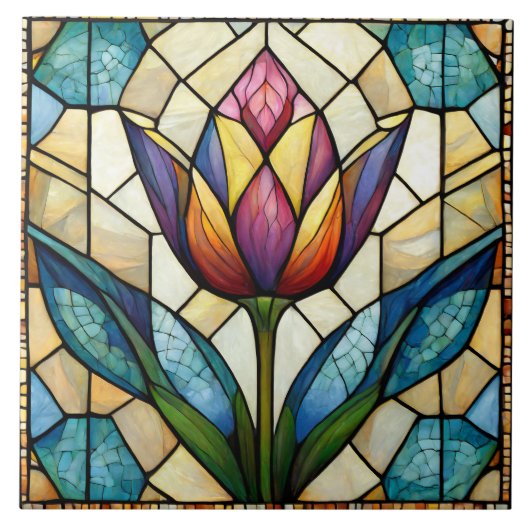 Tulp bloem gekleurd glas mozaïek tegeltje (Voorkant)