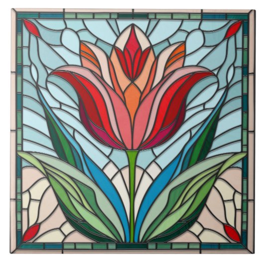 Tulp bloem gekleurd glas mozaïek tegeltje (Voorkant)