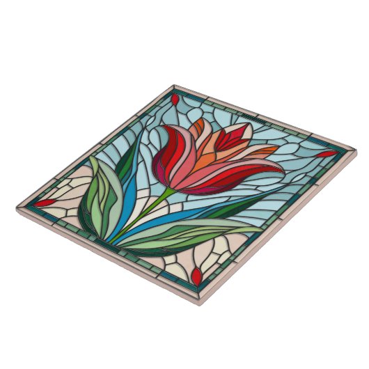 Tulp bloem gekleurd glas mozaïek tegeltje (Zijkant)