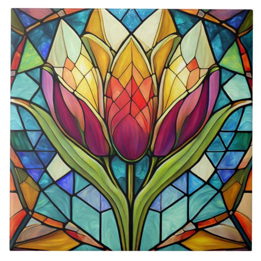 Tulp bloem gekleurd glas mozaïek tegeltje (Voorkant)