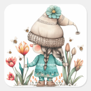 Tulp Bloemen Meisje Gnome Vierkante Sticker
