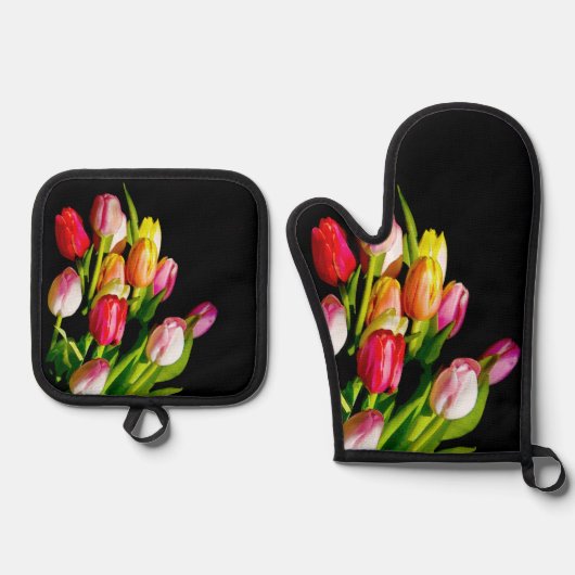 Tulp Boeket Schilderij Originele Tuin Bloem Art Ovenwant & Pannenlap Set (Voorkant)