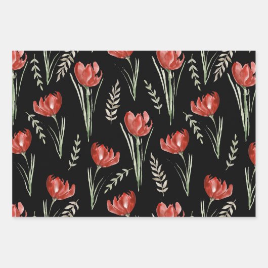 Tulp Flowers Botanische Waterverf Black Inpakpapier Vel (Voorkant 2)