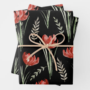 Tulp Flowers Botanische Waterverf Black Inpakpapier Vel