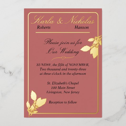 Tulp Flowers, Cinnamon Roos Wedding, Gold Folie Uitnodiging (Voorkant)