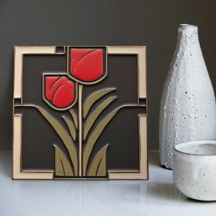 Tulp Liefde Abstracte Rode Bloemen Mid-Century Dec Tegeltje