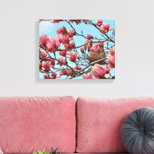 Tulp Magnolia boom met Birdsnest op Canvas (Insitu (Woonkamer))