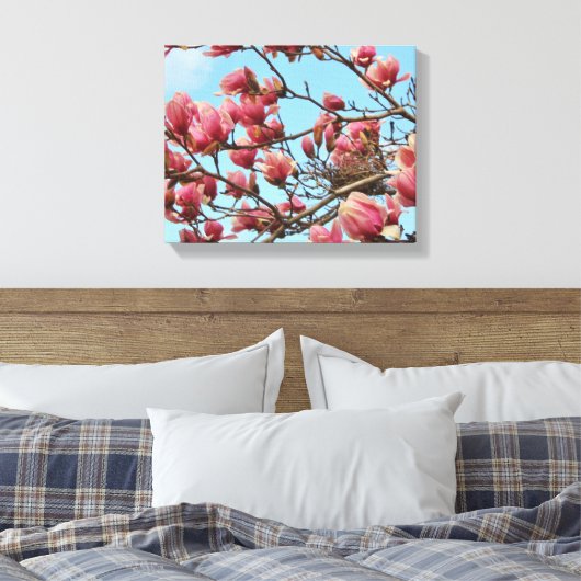 Tulp Magnolia boom met Birdsnest op Canvas (Insitu (Slaapkamer))