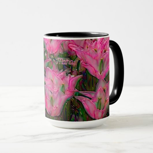 Tulp Mok met open, donkerroze Tulpen (Voorkant rechts)