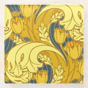 Tulp Patronenprint: Geel Blauw Art Nouveau Glazen Onderzetter