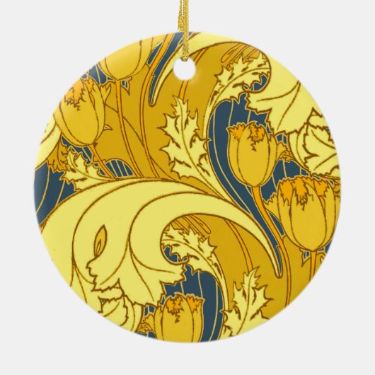 Tulp Patronenprint: Geel Blauw Art Nouveau Keramisch Ornament (Achterkant)