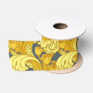 Tulp Patronenprint: Geel Blauw Art Nouveau Satijnen Lint