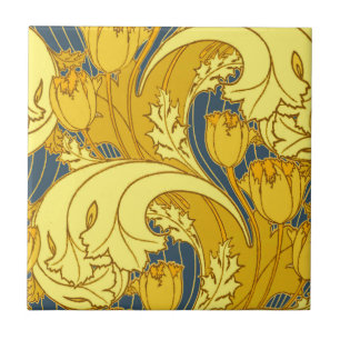 Tulp Patronenprint: Geel Blauw Art Nouveau Tegeltje