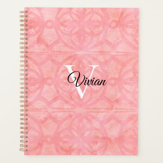 Tulp Roze Batik Elegante Monogram Naam Planner (Voorkant)