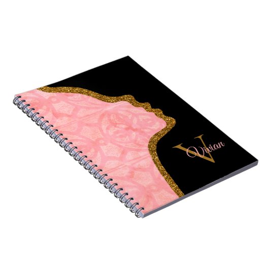 Tulp roze en goudglitter face-monogram notitieboek (Rechterzijde)