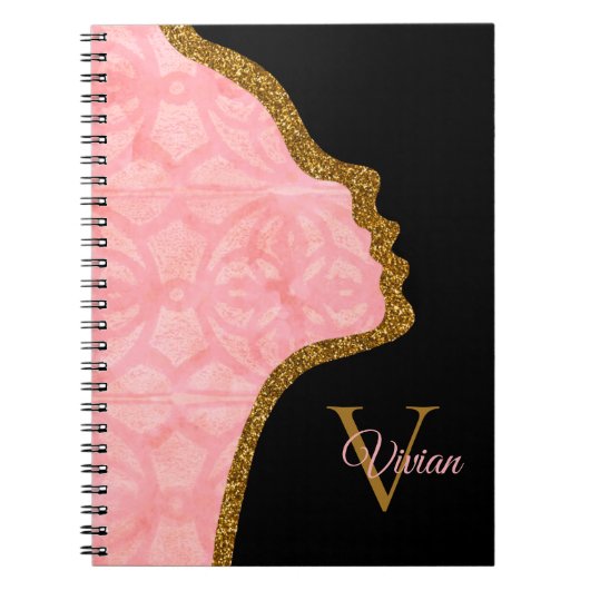 Tulp roze en goudglitter face-monogram notitieboek (Voorkant)