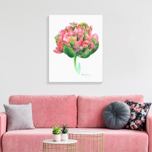Tulp roze groen Botanische waterverf Canvas Afdruk (Insitu (Woonkamer))