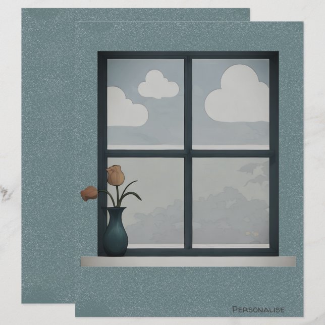 Tulp Vaas Huis Raamwolken Blauw Scrapbook Papier (Voorkant / Achterkant)