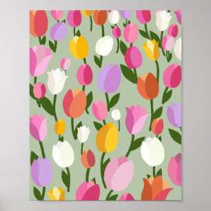 Tulp Veld 05 Kleurrijke Bloemen Pastel Groen Poster