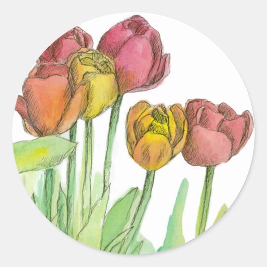 Tulp Waterverf Bloemen Zalmroze Bloemenkunst Ronde Sticker (Voorkant)
