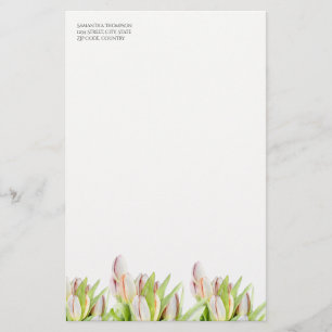 Tulp, waterverf, roze en groen, briefpapier