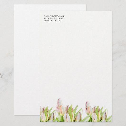 Tulp, waterverf, roze en groen, briefpapier (Voorkant / Achterkant)