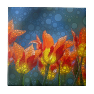 Tulpbloemen op blauw tegeltje