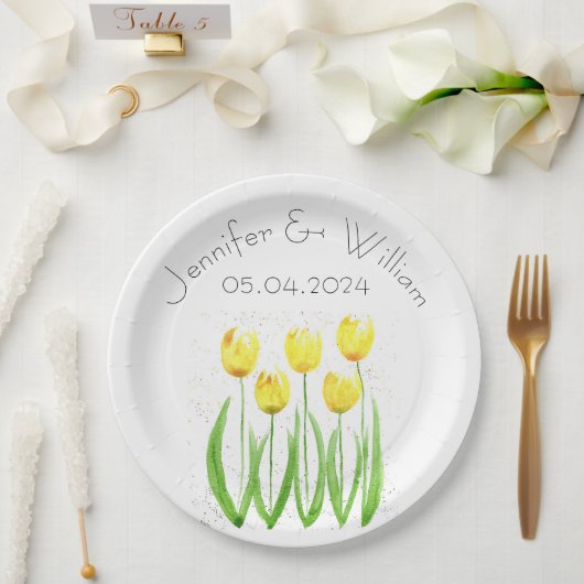 Tulpbloemen waterverf Geel Rustic Weddenschap Papieren Bordje (Huwelijk)
