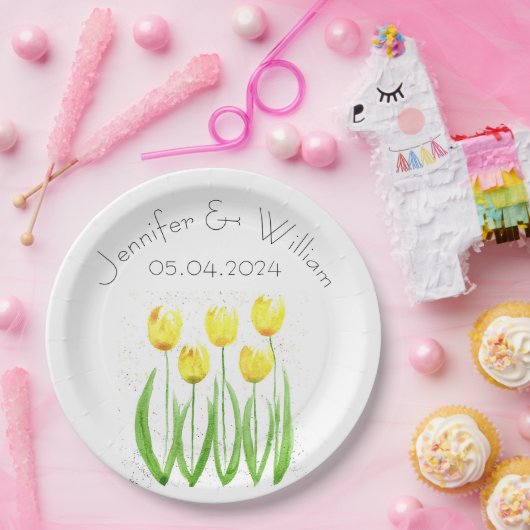 Tulpbloemen waterverf Geel Rustic Weddenschap Papieren Bordje (Feest)