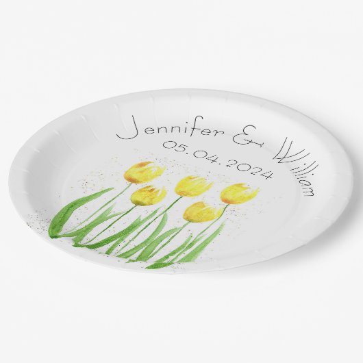 Tulpbloemen waterverf Geel Rustic Weddenschap Papieren Bordje (Gekanteld)