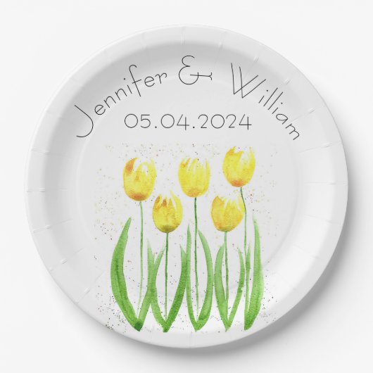 Tulpbloemen waterverf Geel Rustic Weddenschap Papieren Bordje (Voorkant)