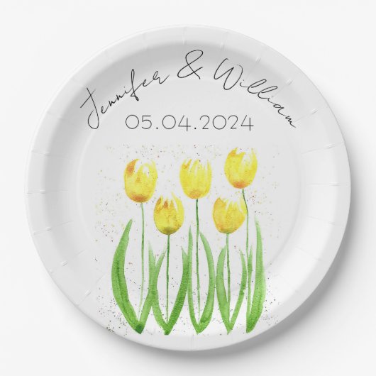 Tulpbloemen waterverf Geel Rustic Weddenschap Papieren Bordje (Voorkant)