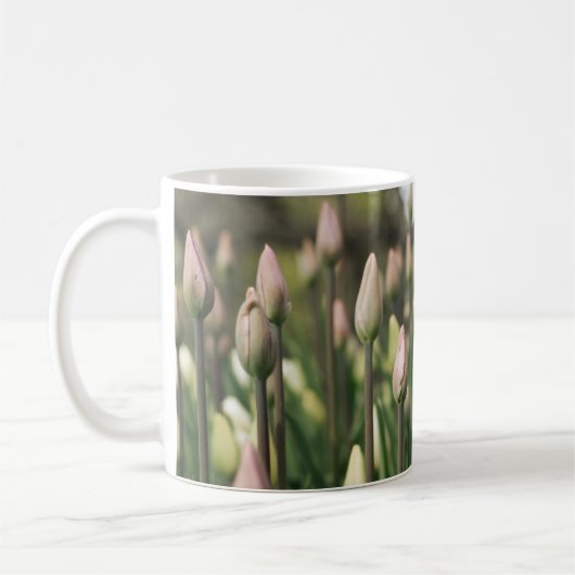 Tulpen beginnen te bloeien koffiemok (Links)