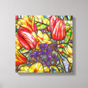 Tulpen en bladdoek, gevlekt canvas afdruk