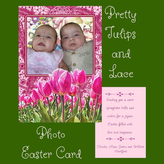  Tulpen en Elegant Kant Foto Pasen Kaart