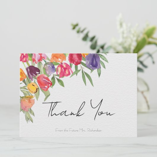 Tulpen en groen Vrijgezellenfeest dank u kaart (Staand voorkant)