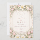Tulpen- en leliebloementuin bruiloft met blos save the date (Voorkant)