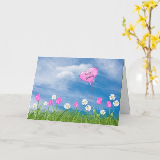 Tulpen en madeliefjes in gras verjaardag kaart (Gele Bloem)