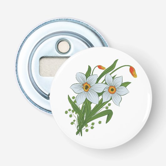 Tulpen en narcissen bloemen button flesopener (Voorkant)