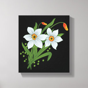 Tulpen en narcissen Bloemen Zwarte Achtergrond Canvas Afdruk