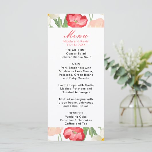 Tulpen en narcissen lente bruiloft menu (Staand voorkant)