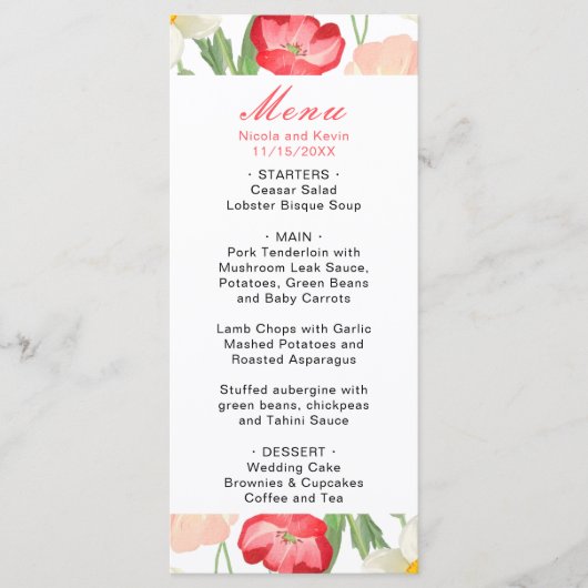 Tulpen en narcissen lente bruiloft menu (Voorkant)